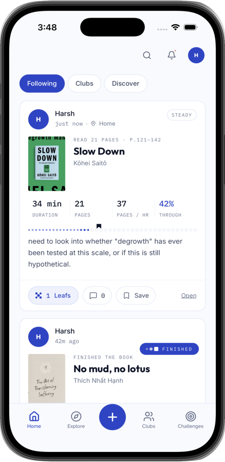 A session in the feed: 34 minutes, 21 pages, 37 pages an hour, 42 percent through.