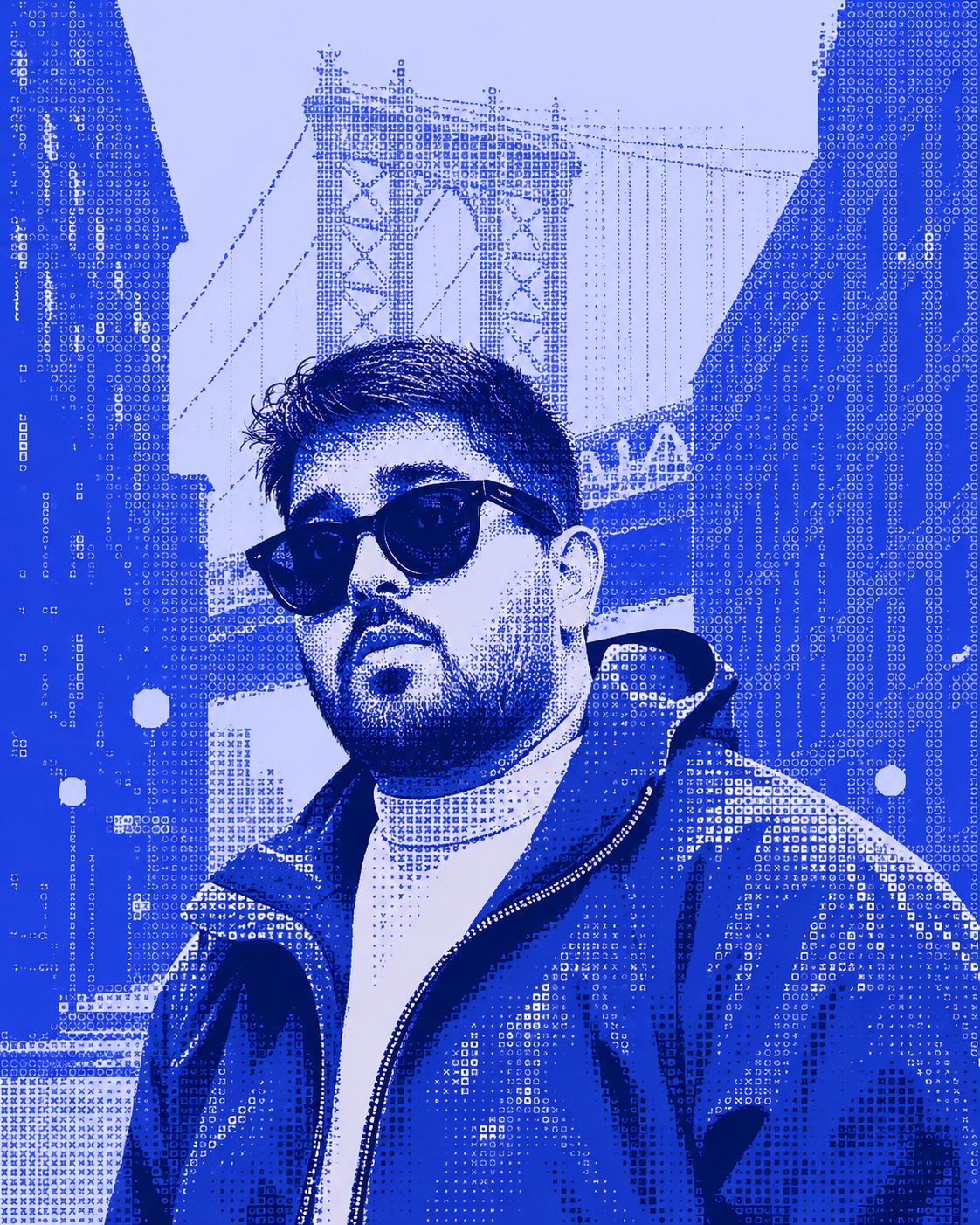 Illustrated portrait of Harsh Patel in Leaf blue, with sunglasses and a jacket beneath the Manhattan Bridge.