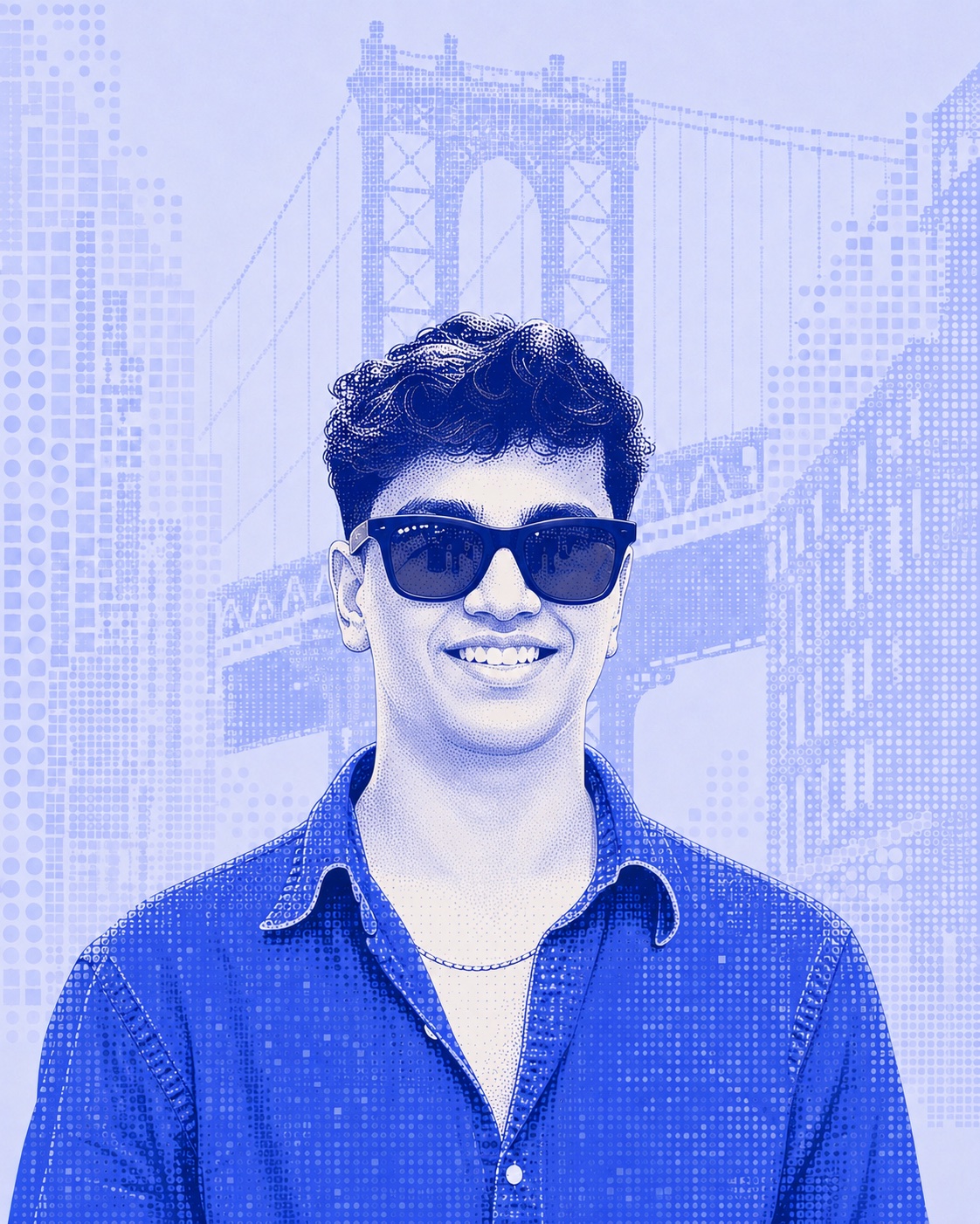 Illustrated portrait of Madesh Thevar in Leaf blue, smiling in sunglasses beneath the Manhattan Bridge.