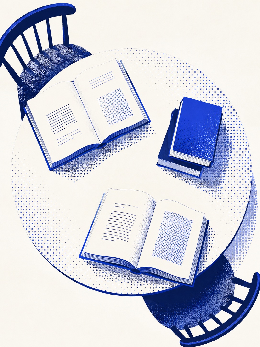Two open books and a small stack of books on a shared table between two chairs, illustrated in Leaf blue.