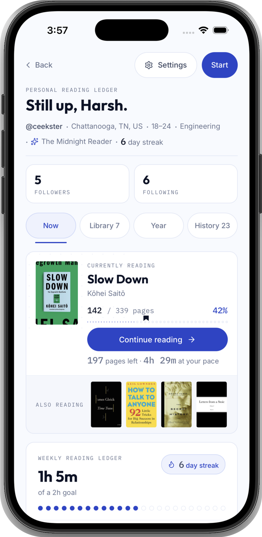 A personal reading ledger with streak, weekly hours and current books.